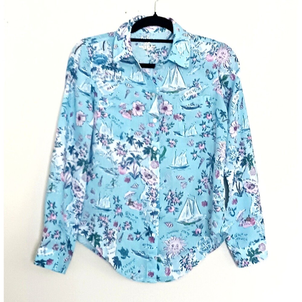 NEW Lilly Pulitzer Sea View 100% Linen Button Down Lilly's Florida Road Trip XXS
